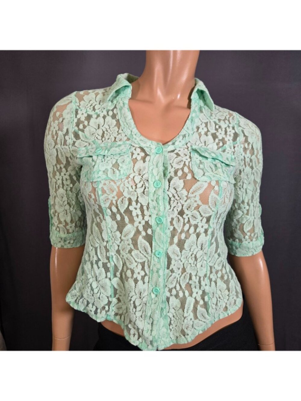 Y2K Aqua Mint Green Lace Button Up Blouse Size XS Office Siren Fairy Coquette - Picture 4 of 11